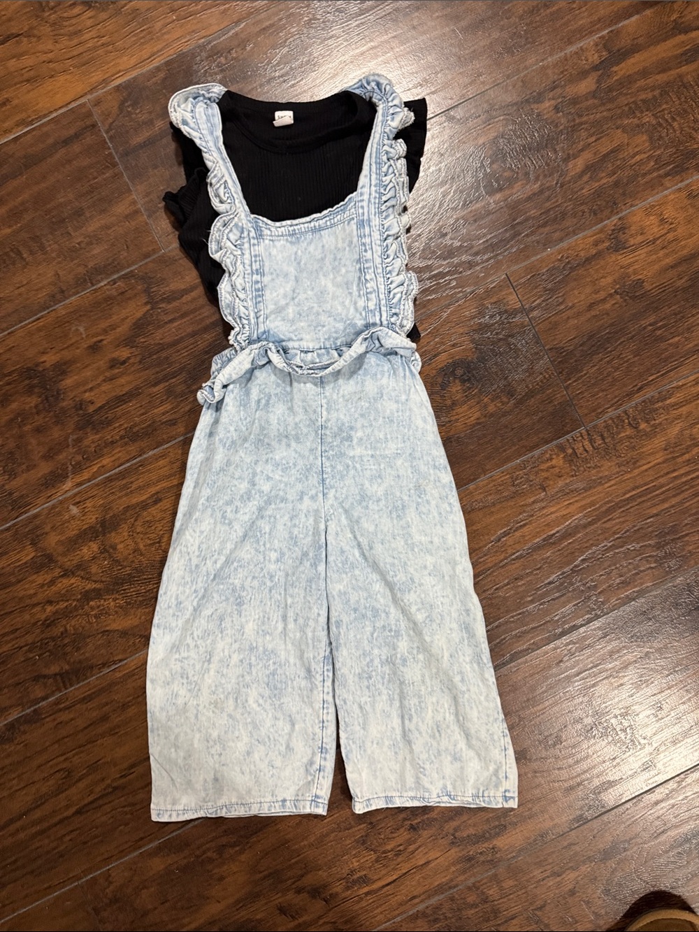 Light Acid-Wash Denim Kids One-Piece Overalls with Ruffle Straps - Light Blue